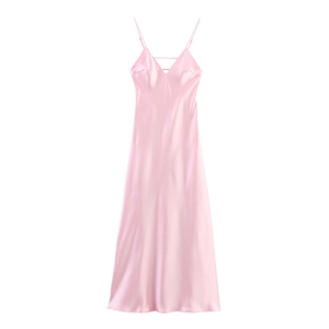 Light pink silk satin slip maxi dress with V-neckline and decorative straps for women