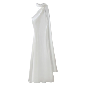 Elegant white satin halter neck maxi dress with a long sash detail for formal events