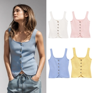 Canotta Donna Slim Fit in Maglia Con Bottoni in Metallo Scollo a U Senza Maniche in Cotone Mercerizzato Top a Costine Primavera Estate Streetwear