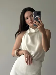 Damen Elegant Satin Halterneck Top Rückenfrei Ärmellos Wasserfall Ausschnitt Einfarbig Street Style Sommer Tank Top Weste Mode