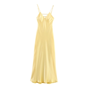 Elegant pale yellow satin slip maxi dress with thin straps and V-neckline detail