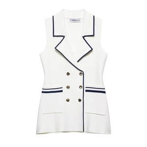 Women's Sleeveless Knitted Vest Double Breasted Lapel Off White Waistcoat With Gold Buttons Contrast Trim Elegant Knit Top