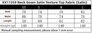 Detailed size chart with measurements for the satin halter top in sizes XS to L