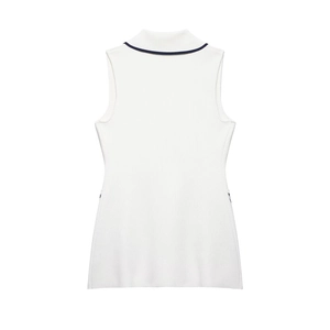 White sleeveless knit top with contrast trim and stand collar for a sporty look