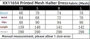 Größentabelle für bedrucktes Neckholder-Kleid aus Mesh mit Brust- und Taillenmaßen