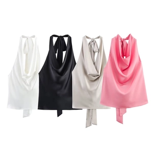 Women Sexy Halter Cowl Neck Satin Top Backless Slim Fit Sleeveless Solid Color Elegant Summer Streetwear Party Cami Top