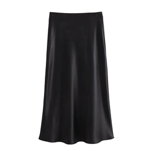 Elegant high-waisted black satin maxi skirt with a smooth A-line drape and silk texture