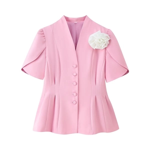 Blazer Élégant à Manches Courtes Rose Pour Femme Avec Fleur 3D Col en V Coupe Slim Plis à la Taille Haut de Bureau