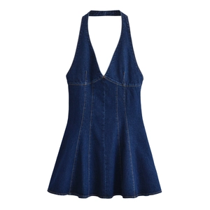 Robe Courte en Jean Dos Nu à Col Halter pour Femmes Col en V Profond Sans Manches Coupe en A pour Soirée Streetwear Été