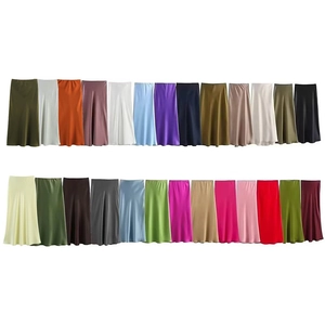 French style high waist satin midi skirts shown in multiple colors and silk textures