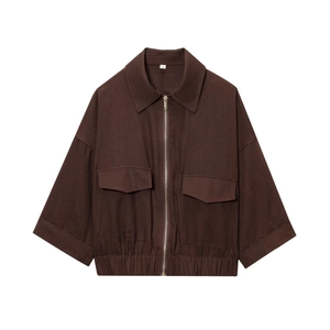 Damen Casual Lockere Jacke Einfarbig Revers Reißverschluss Kurzmantel Mit Großen Taschen Elastischer Saum Vielseitige Mode Oberbekleidung