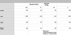 Size chart detail for oversized hooded jacket including chest and sleeve measurements