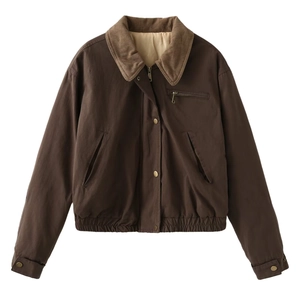 Retro dark brown work jacket with corduroy collar and zip-up front closure