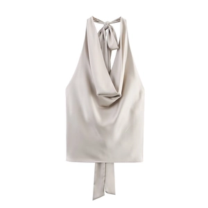 Detail of elegant cowl neck and silky satin texture on this halter neck women top