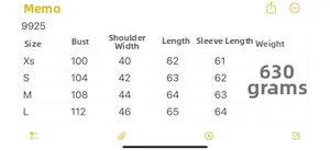 Size chart for niche lapel suede jacket with measurements for chest, length, and sleeves