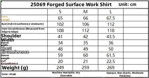 Detailed size chart for long sleeve satin utility shirt with measurements in cm
