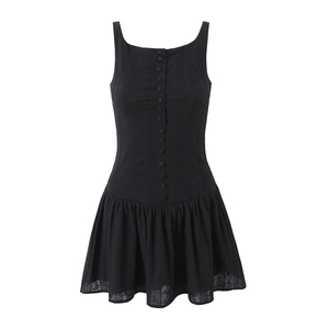 Elegant black backless mini dress with square neckline and button details for summer
