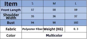 Detailed size chart for women's vest showing bust and length in S, M, L sizes