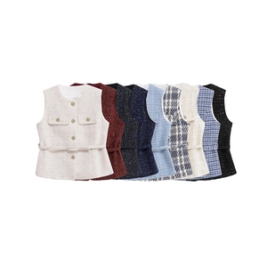 Women's Elegant Little Fragrance Tweed Vest Slim Fit Round Neck Sleeveless Jacket With Gold Buttons And Belt Waistcoat