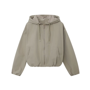 Minimalist sage green hooded zip-up jacket with drawstring and elastic hem for women