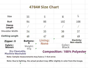 Detailed size chart for black lace embroidered summer shirt with 100% polyester fabric