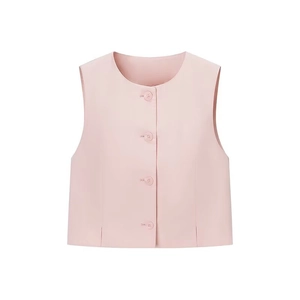 Detail shot of the pink sleeveless vest with a round neck and four resin buttons
