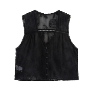 Women's Sleeveless V-Neck Lace Embroidery Shirt Floral Single Breasted Hollow Out Scalloped Trim Casual Boho Summer Top