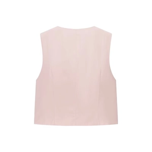 Detailed back view of a pale pink sleeveless vest with vertical tailoring lines
