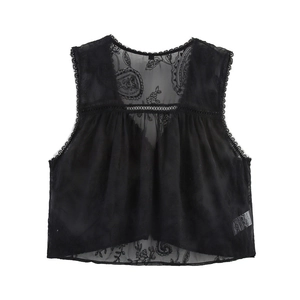 Detailed view of sheer black mesh vest featuring intricate floral embroidery and eyelash lace