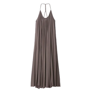 Women Minimalist Halter Neck Pleated Maxi Dress Chic Dark Brown Cross Back A-Line Sleeveless Vacation Long Dress