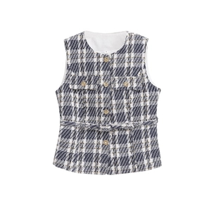 Detailed view of navy and white tweed vest featuring gold buttons and texture