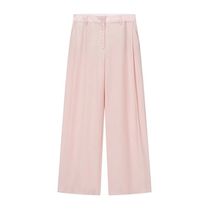 Detail view of light pink high-waisted wide-leg trousers with button and pocket details