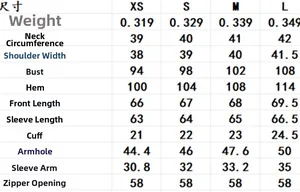 Tableau détaillé des tailles pour chemisier long tendance de XS à L avec mesures