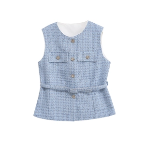 Elegant light blue tweed vest top with vintage buttons and matching belt for women