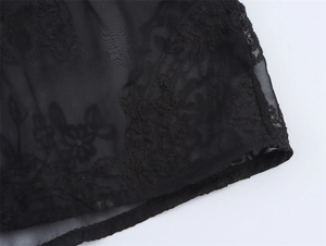 Close-up of black sheer fabric featuring intricate floral embroidery and fine lace details