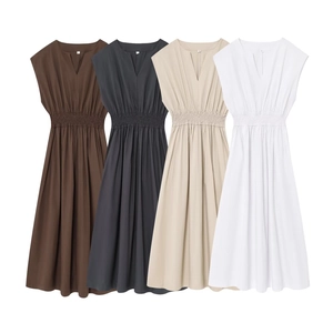 Women Sleeveless V-Neck Maxi Dress Elegant Solid Color Pleated Elastic High Waist A-Line Long Dress For Summer Commute