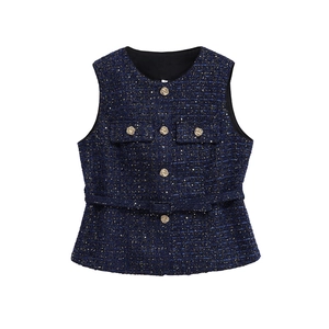 Women's dark blue tweed vest with gold buttons, sequins and waist belt for a chic look