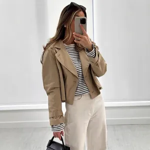 Fashion Women Short Double Breasted Trench Coat Lapel Casual Windproof Jacket With Shoulder Straps For Spring Autumn