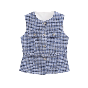 Blue tweed vest jacket with floral metal buttons and decorative belt for women