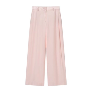 Women summer pale pink high waist wide leg trousers with side pockets and button closure