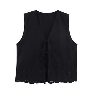 Gilet da Donna Ricamato con Scollo a V Senza Maniche Traforato Top con Lacci Boho Floreale Orlo a Festone Moda Casual