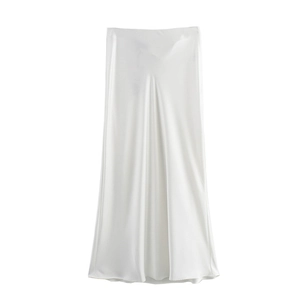 Close-up of white satin high waist maxi skirt showing glossy silk fabric and texture