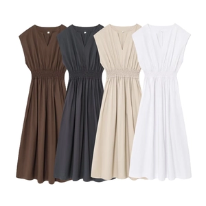 Women's V-neck sleeveless pleated maxi dress shown in four neutral color variants