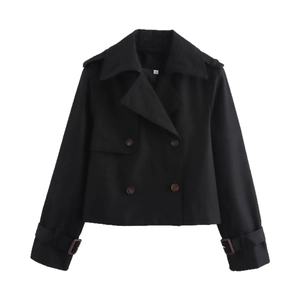 Classic double-breasted short trench coat in black with notch lapel and shoulder straps