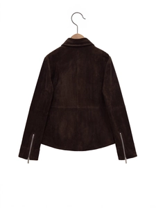 Dark brown suede jacket for women with lapel collar and silver metal zippers on sleeves