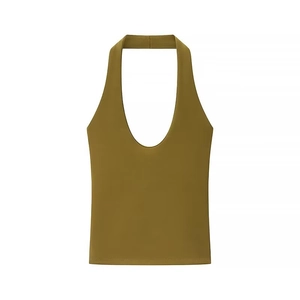 Detailed close-up of olive green halter neck top with a deep U-shaped neckline and stitching