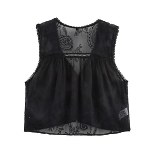 Women's black lace sleeveless top with paisley floral embroidery and scalloped edges