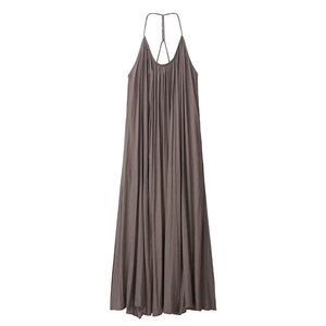 Taupe pleated halter neck maxi dress with slim fit design and elegant vertical folds