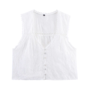 Women's white sleeveless V-neck cotton blouse with delicate lace and floral embroidery