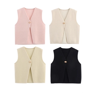 Women's Casual V-Neck Knit Vest Single Button Sleeveless Waistcoat Solid Color Streetwear Tops
